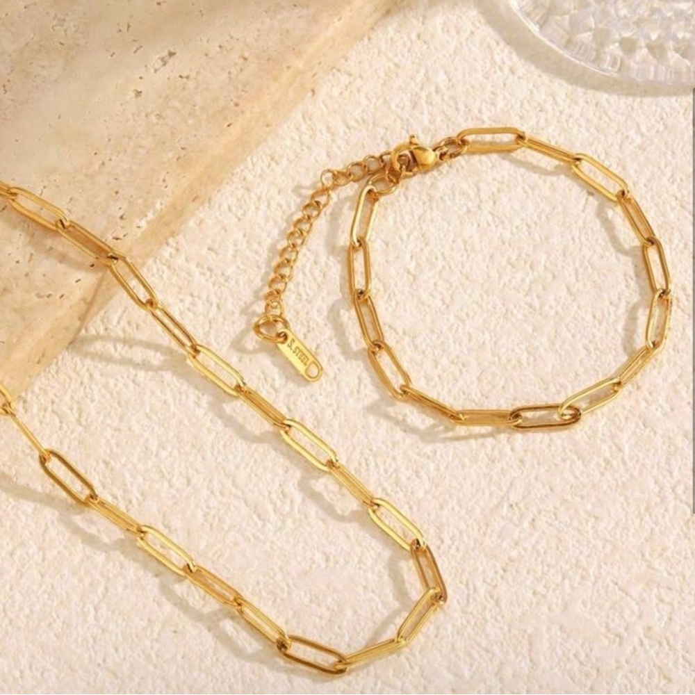 Gold Plated Stainless Steel 2pc Necklace Bracelet Set - Picture 2 of 5